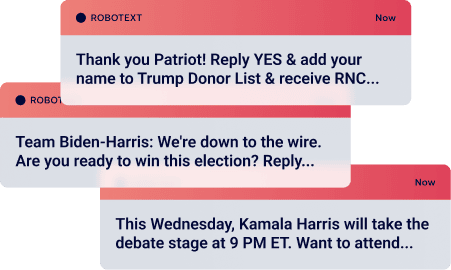 Common spam messages urging the reader to reply to a text as political support.